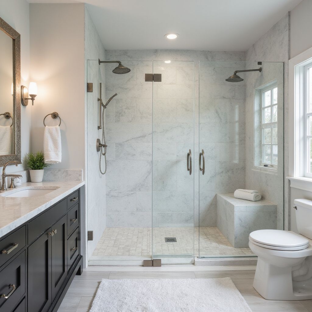 Modern bathroom with a glass shower, vanity, and toilet. White marble walls and floor, neutral colors.