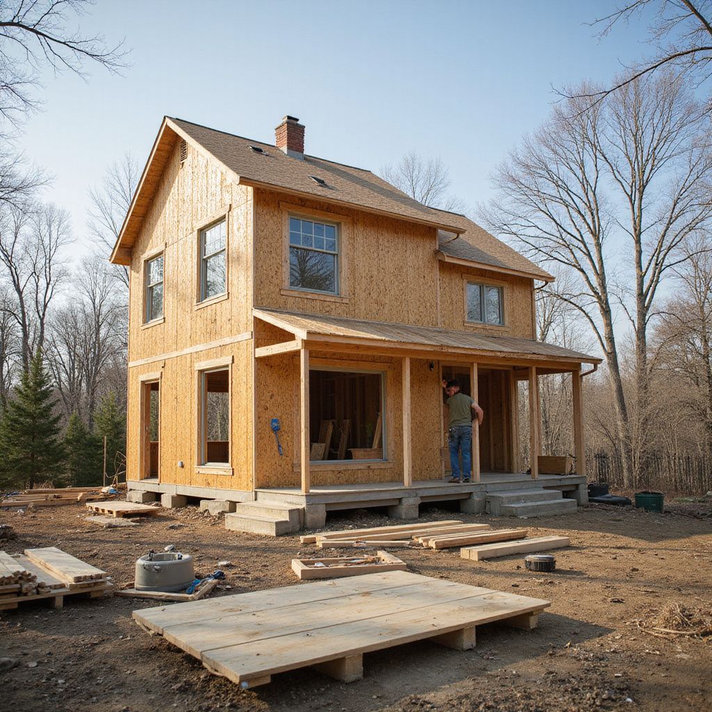 A two-story house under construction with exposed wood siding and a man standing on the porch.