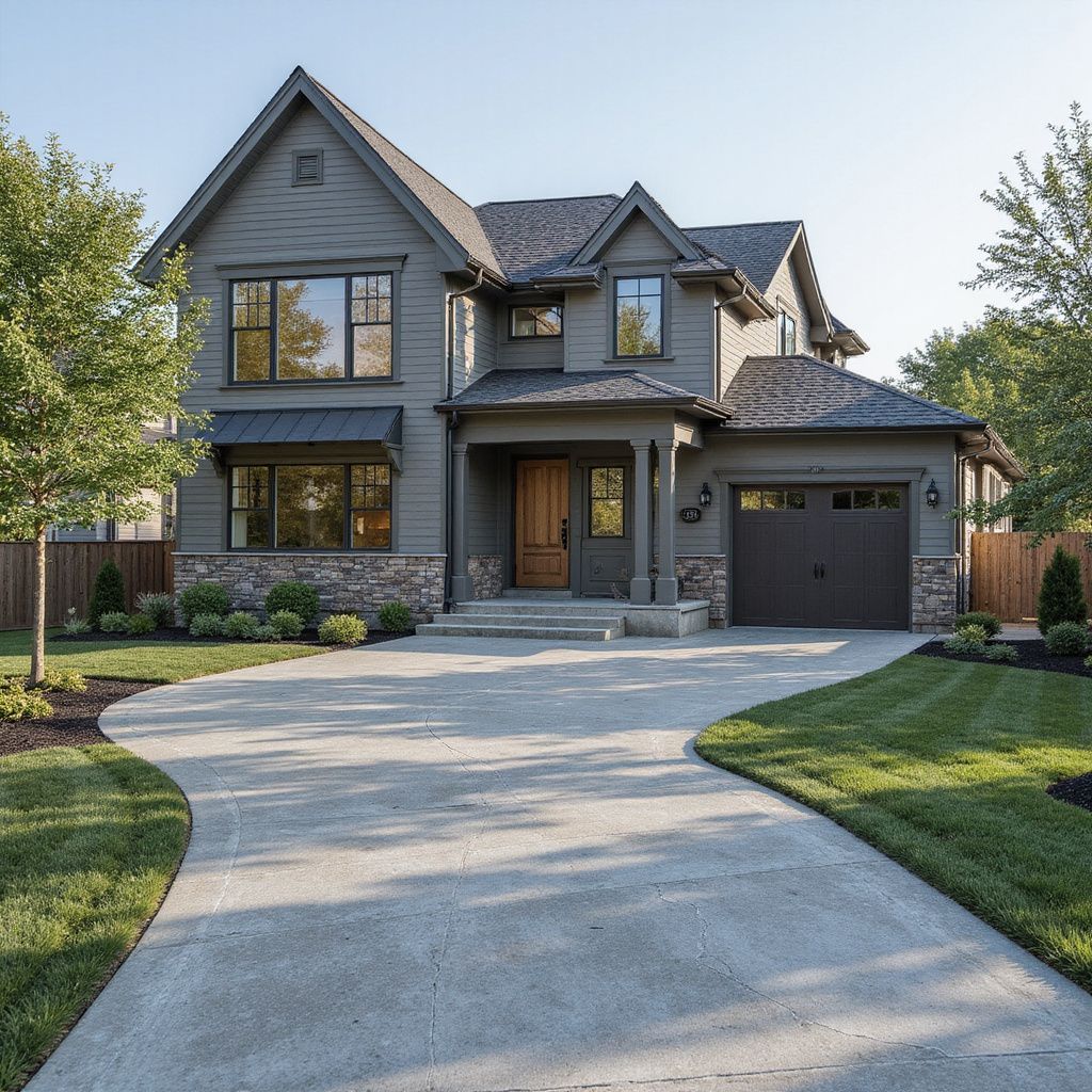 Gray two-story house with a winding concrete driveway and green lawn.