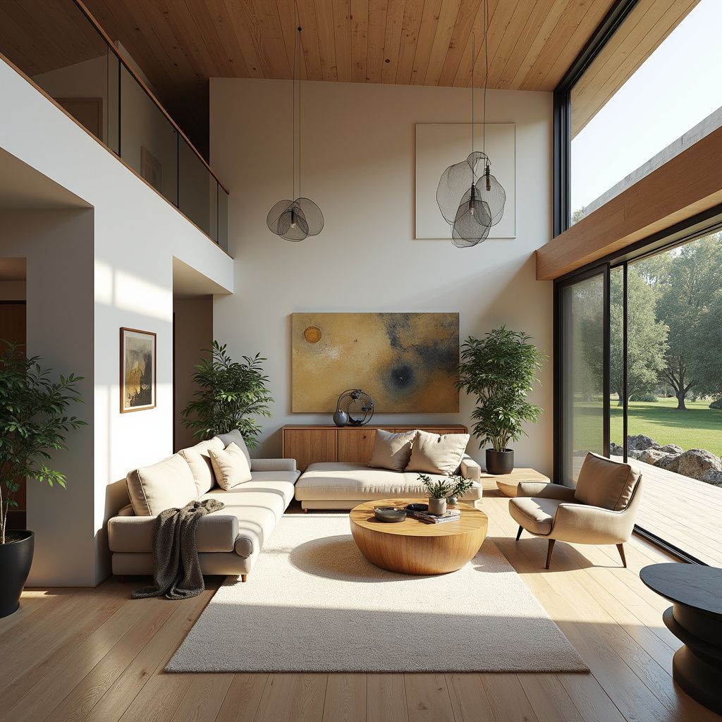 Modern living room with high ceilings, large windows, and neutral tones.