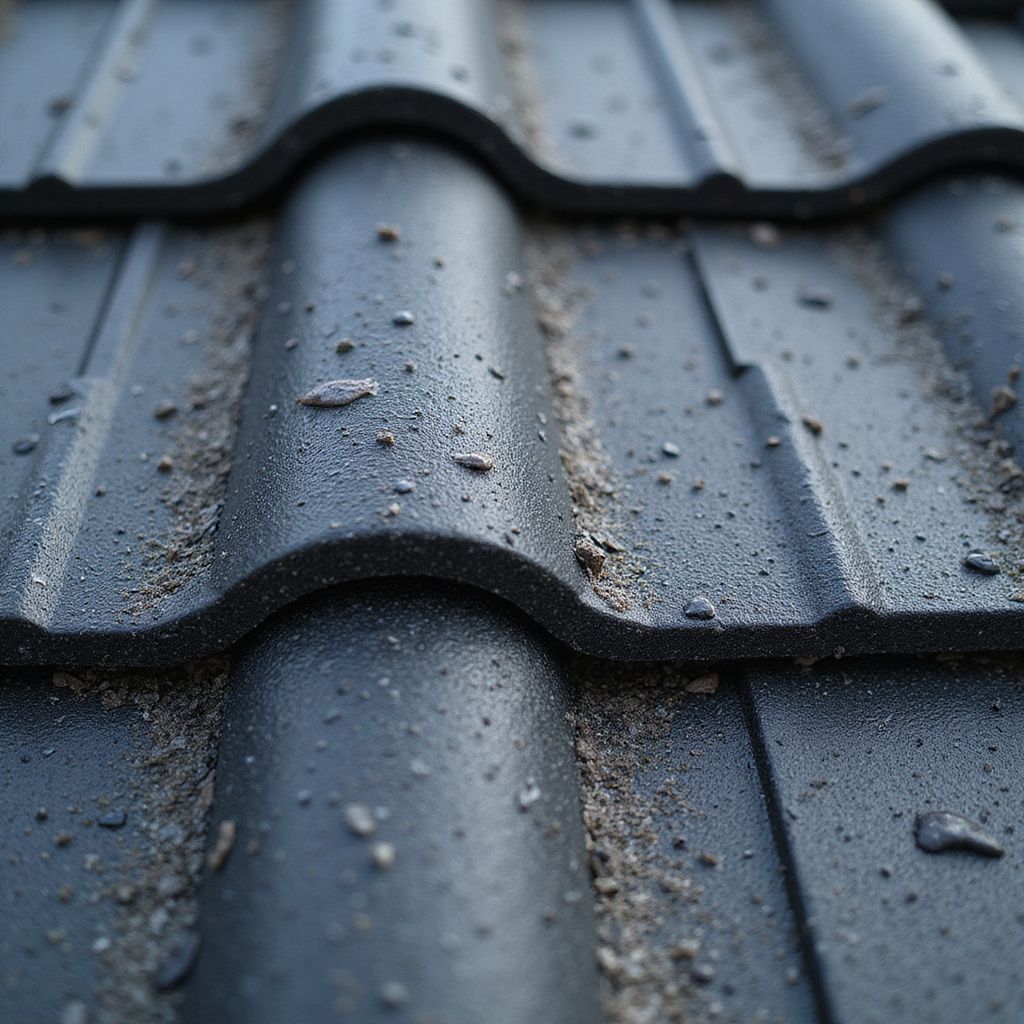 Close-up of dark grey, curved metal roof tiles with dust and water droplets.