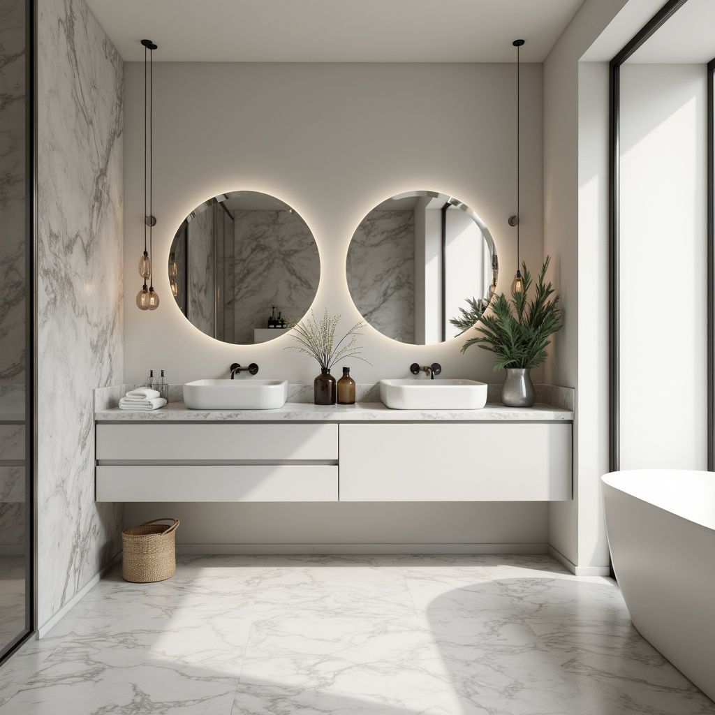 Modern bathroom with marble walls and floors, floating vanity with two sinks, round mirrors with lights, and a tub.
