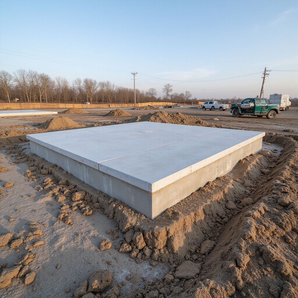 Concrete foundation in dirt, with construction vehicles in the background.