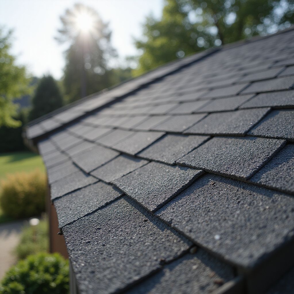Dark gray asphalt shingle roof, sunny outdoor setting.