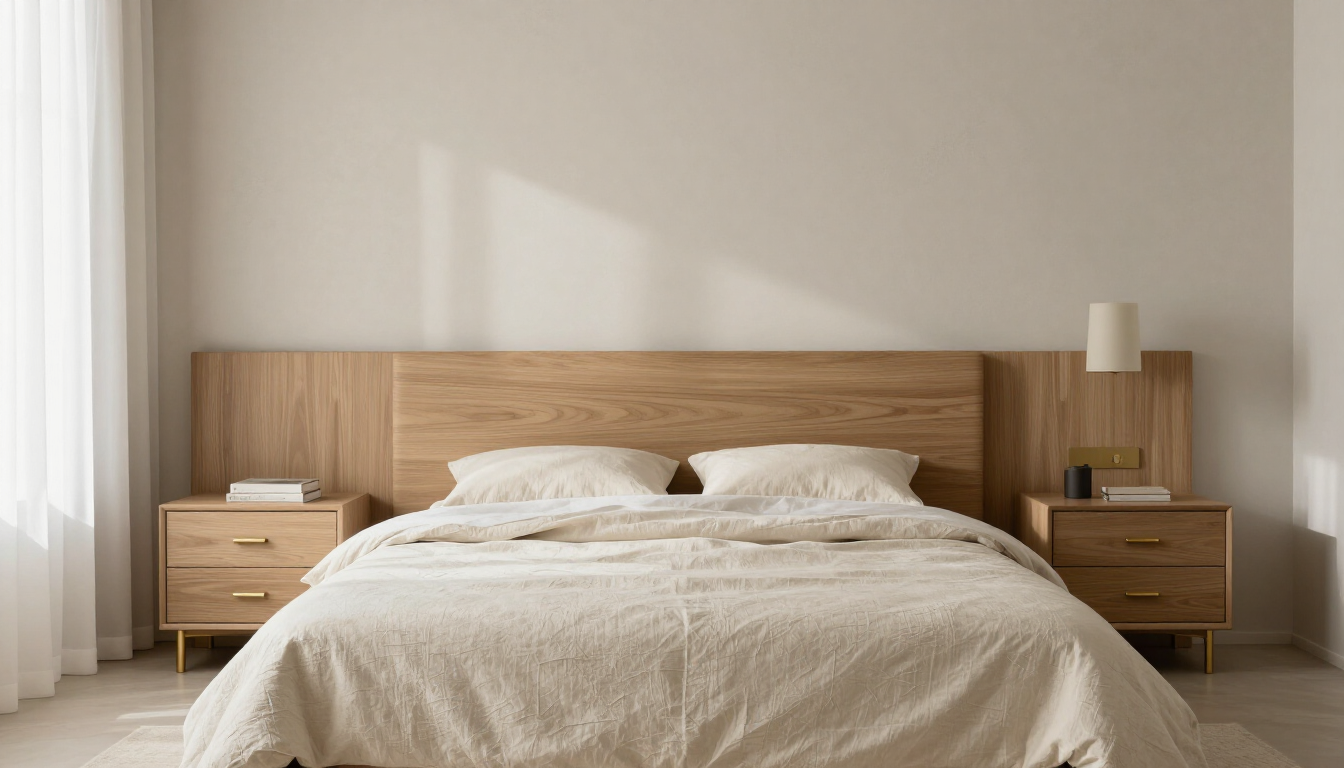 Dormitorio minimalista con cama de madera, ropa de cama beige, mesitas de noche a juego y luz natural suave.