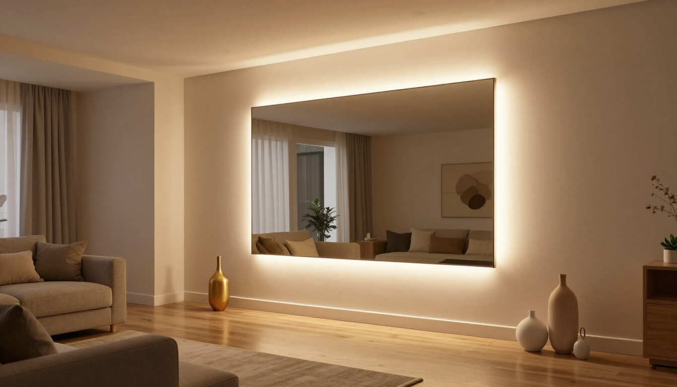 Sala de estar de color beige cálido con un gran espejo de pared, sofá, cortinas y jarrones decorativos junto a un suelo de madera.