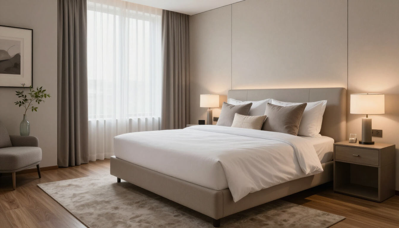 Dormitorio moderno con una cama bien hecha, decoración neutra y luz natural suave que entra por una gran ventana.