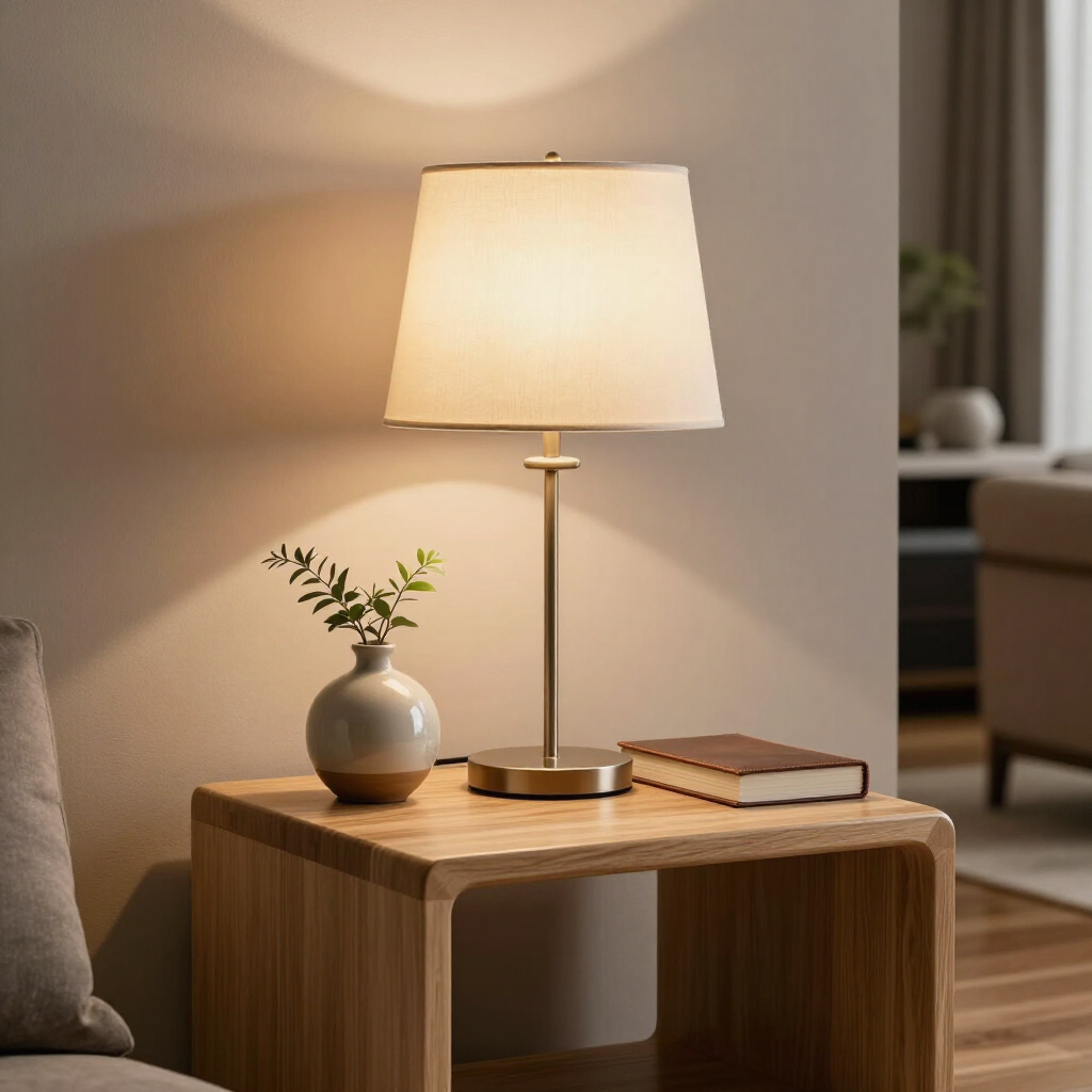 Lámpara de mesa encendida sobre una mesita auxiliar de madera con un jarrón, libros y un acogedor fondo de sala de estar.