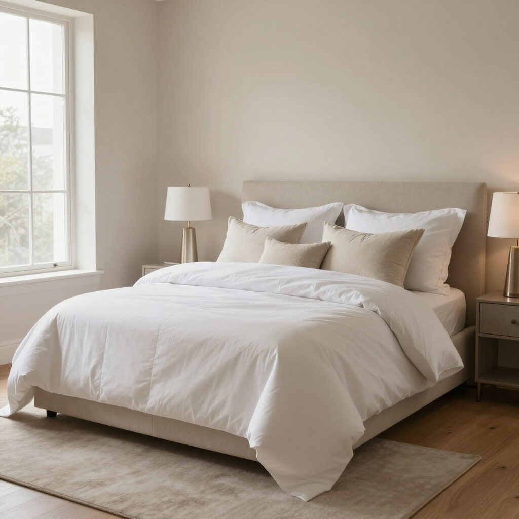 Habitación luminosa con una cama blanca sin hacer, mesitas de noche, lámparas, ventana y alfombra beige.