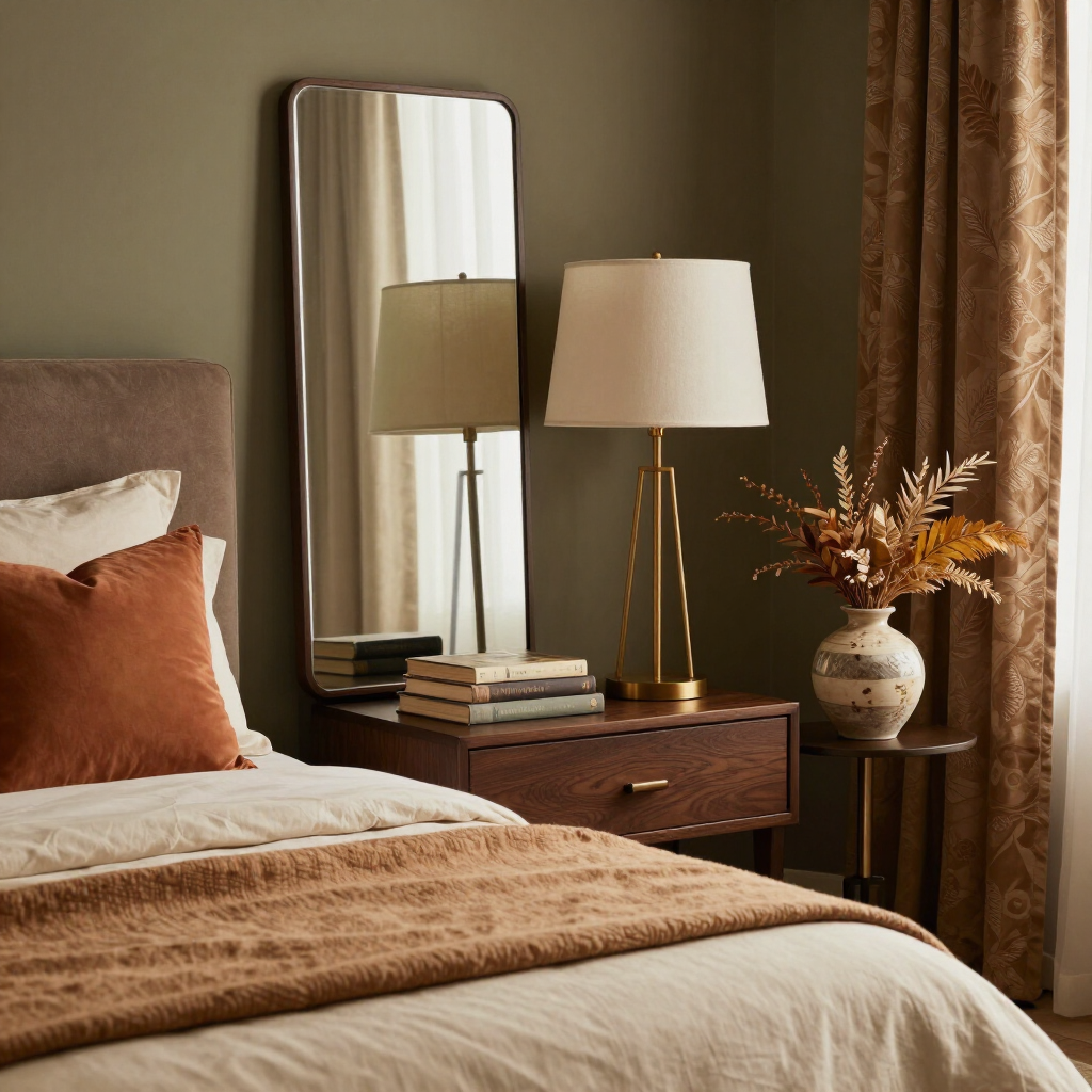 Acogedora habitación con cama, espejo, lámpara, libros y decoración floral otoñal sobre una mesita de noche de madera.