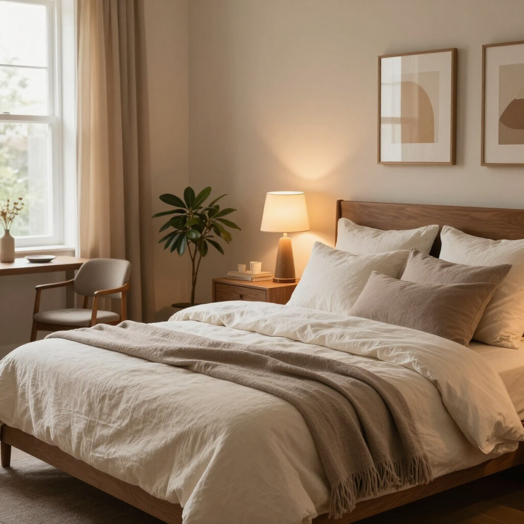 Habitación acogedora con cama hecha, lámpara de noche, planta y luz natural tenue que entra por la ventana.