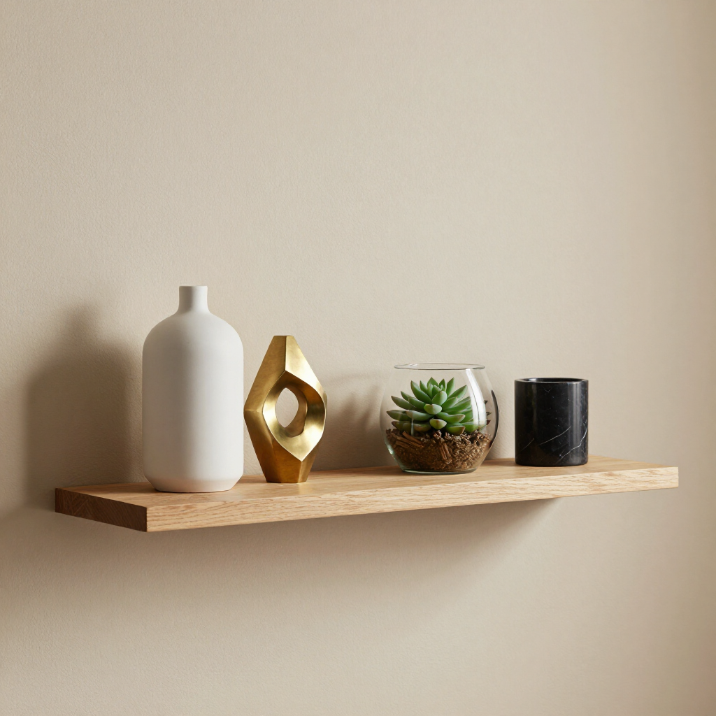 Estantería minimalista con un jarrón blanco, una escultura dorada, una planta suculenta y una vela negra sobre una pared beige.