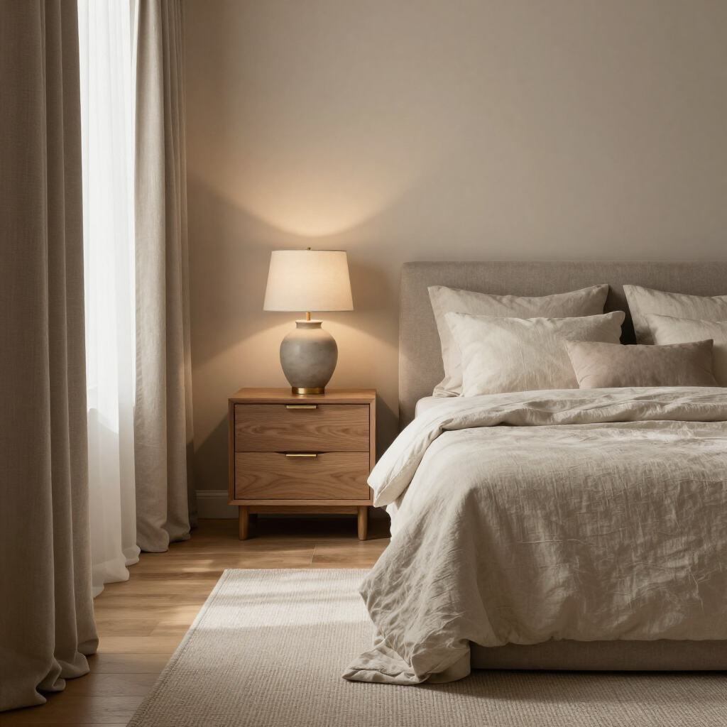 Habitación acogedora con una cama bien hecha, lámpara de noche, mesita de noche de madera y cortinas transparentes.