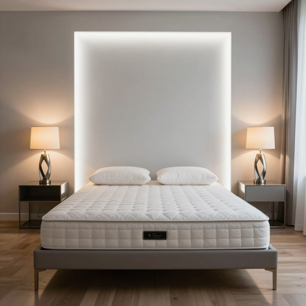 Dormitorio moderno con una cama bien hecha, dos lámparas de noche y un cabecero retroiluminado.