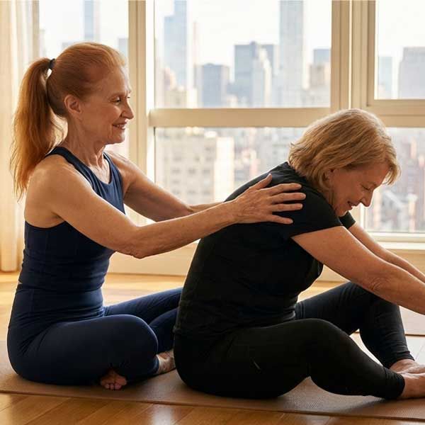 Marjorie Jaffe and a client are sitting on a mat in a sunny, high-rise room; one gently guides the other as they stretch forward in a yoga pose.