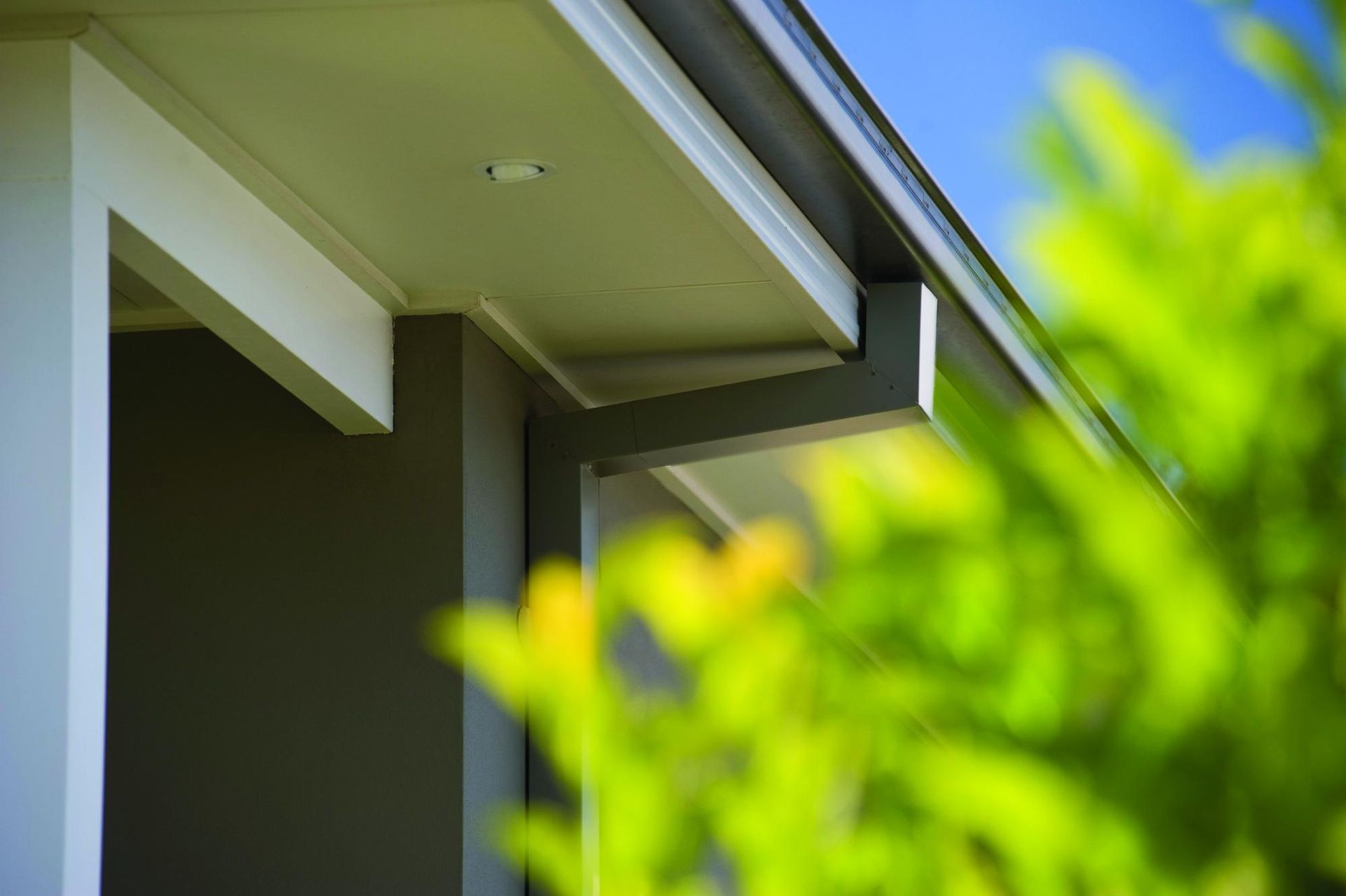 Image depicts a residential home with new guttering and downpipes of Colorbond nature. The imaged captures the facia and eves of the roofline and there is a blurred green bush in the foreground of the image for affect.