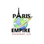 A logo for paris empire holdings llc with a globe and a plane flying around it.