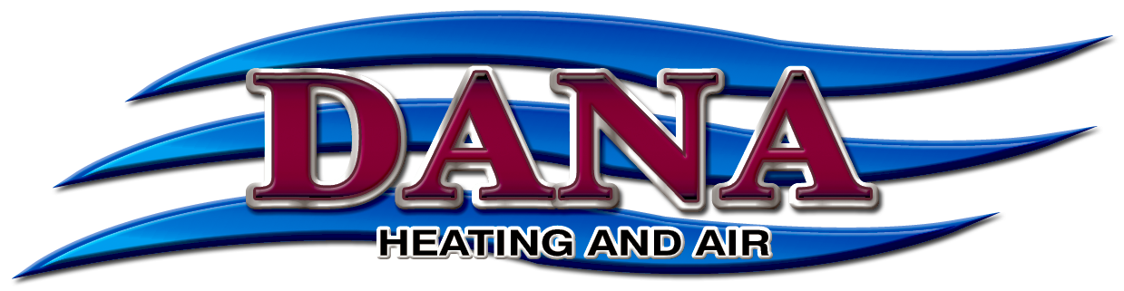 Logo for Dana Heating and Air, red text on a blue background.