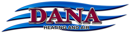 Logo for Dana Heating and Air, red text on a blue background.