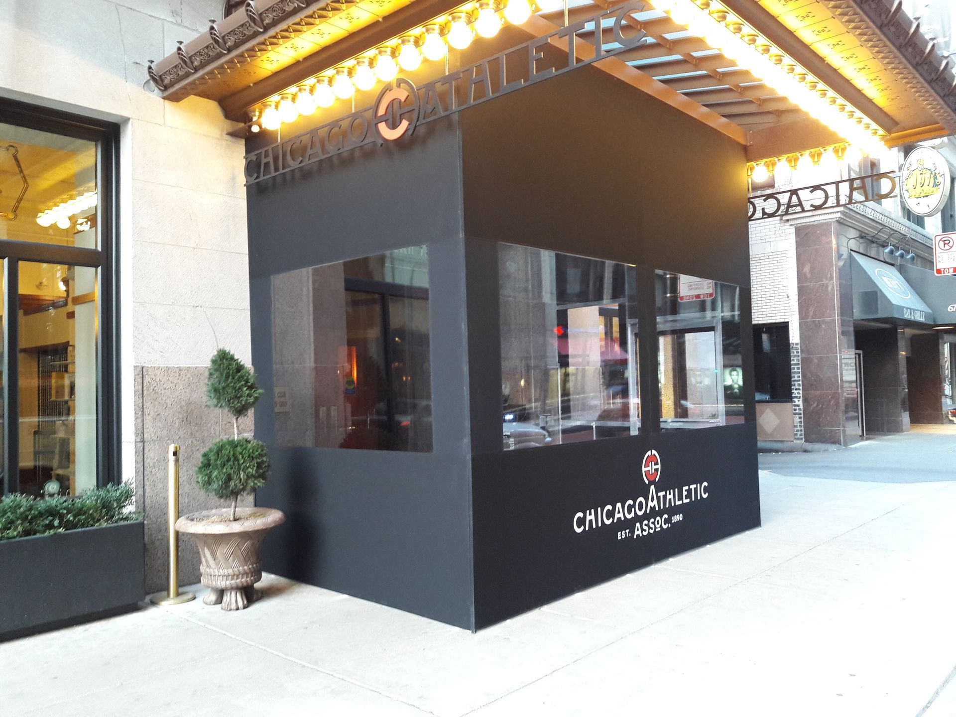 A black building with the word chicago on it