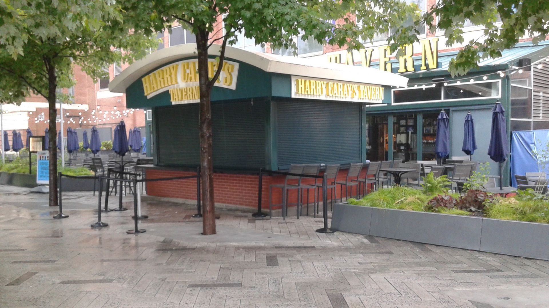 A green building with a yellow sign that says hot dogs