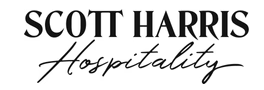 A black and white logo for scott harris hospitality