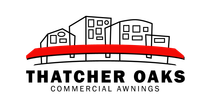 A logo for thatcher oaks commercial awnings with buildings and a red awning.