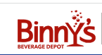 The logo for binny 's beverage depot is red and white.