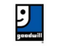 The logo for goodwill is a blue square with a smiley face on it.