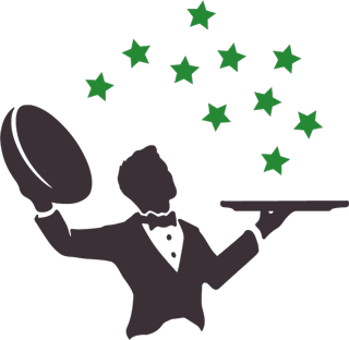 A silhouette of a waiter holding a tray with green stars coming out of it