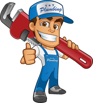 plumber in blue overalls and cap giving a thumbs-up, holding a red wrench