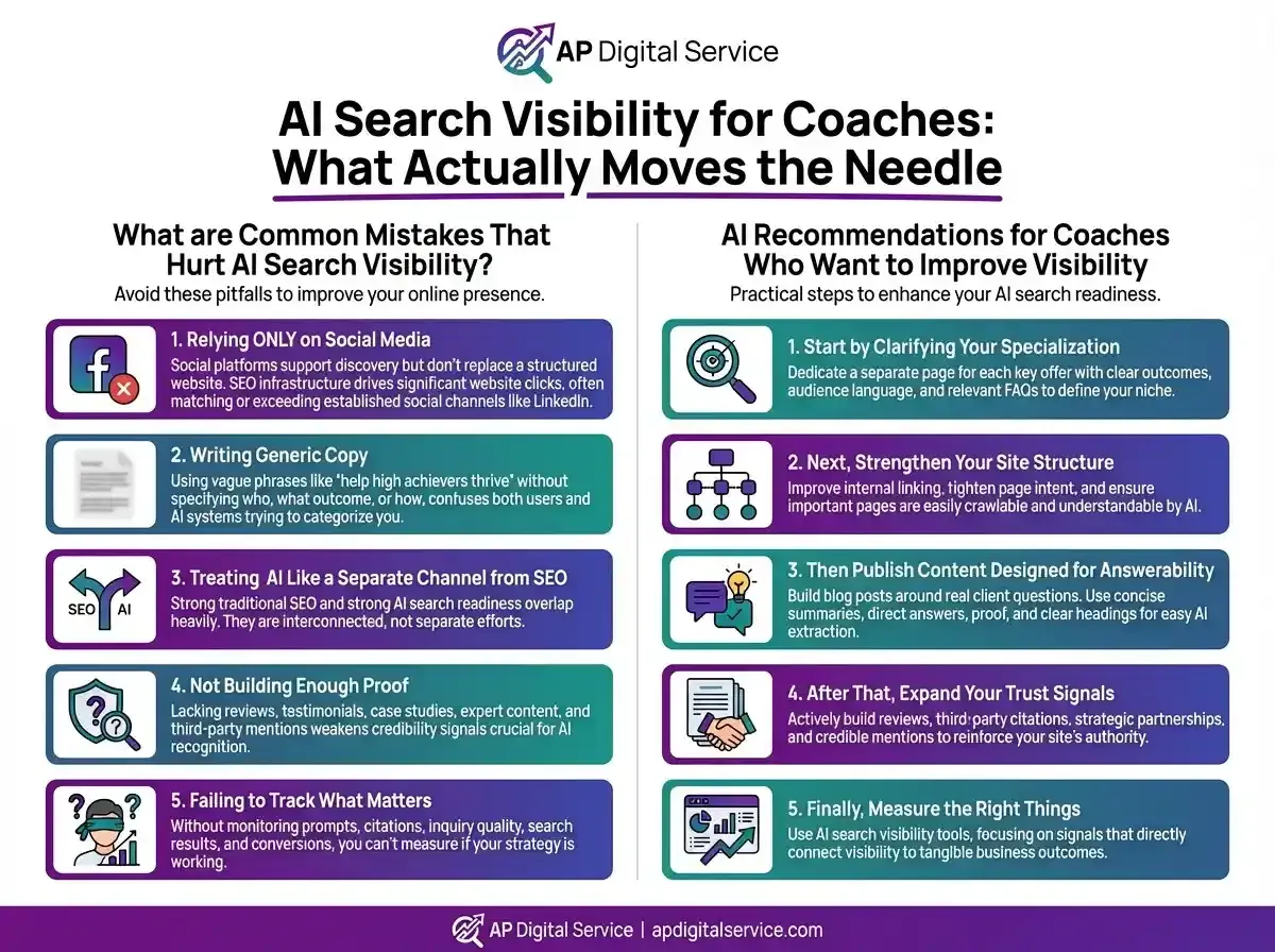 Common Mistakes that Hurt AI Search Visibility and Recommendations for Visibility Improvement Infographic