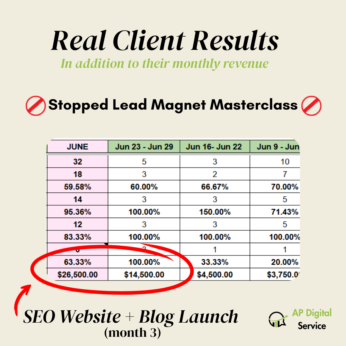 AP Digital Service showing real client results on a spreadsheet of how much a client made in addition to their monthly revenue from having an optimized website and launching a blog with AI visibility from AP Digital Service.