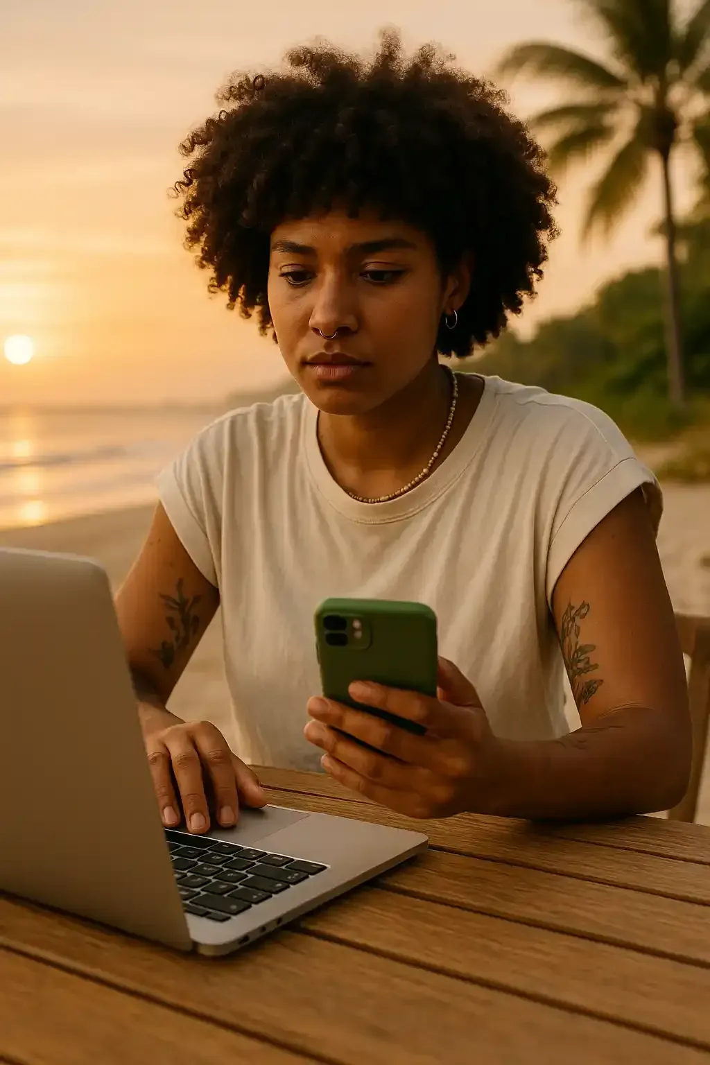 Woman working on her phone and computer communicating with AP Digital Service as they increase her leads with SEO