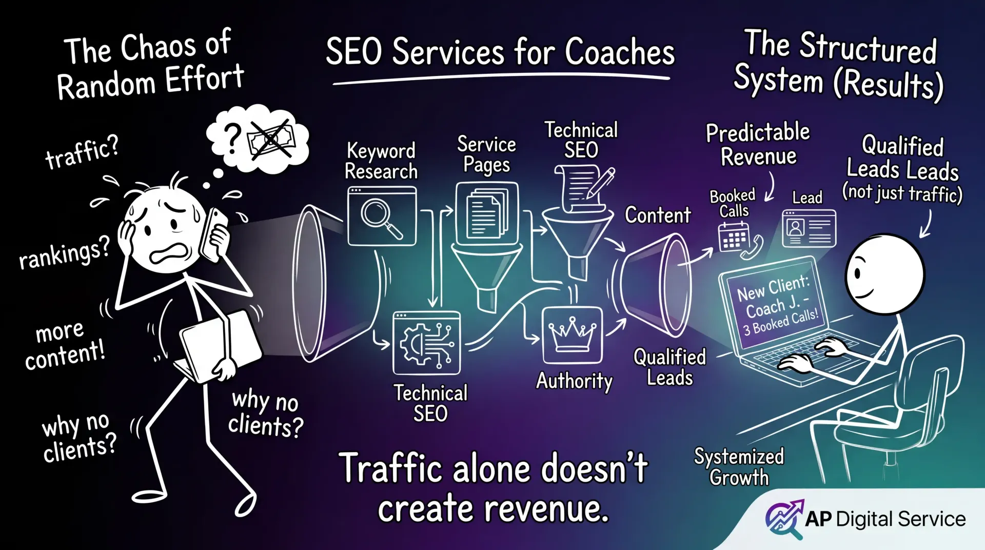 Chaos of Random Effort vs Structured System of SEO Services for Coaches