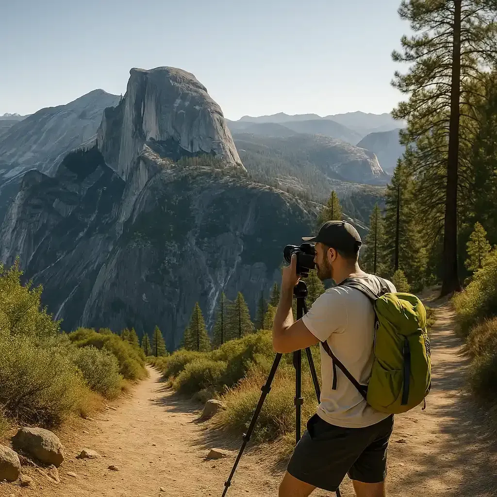 Man takes photo on hike for content to add to his SEO efforts working with AP Digital Service