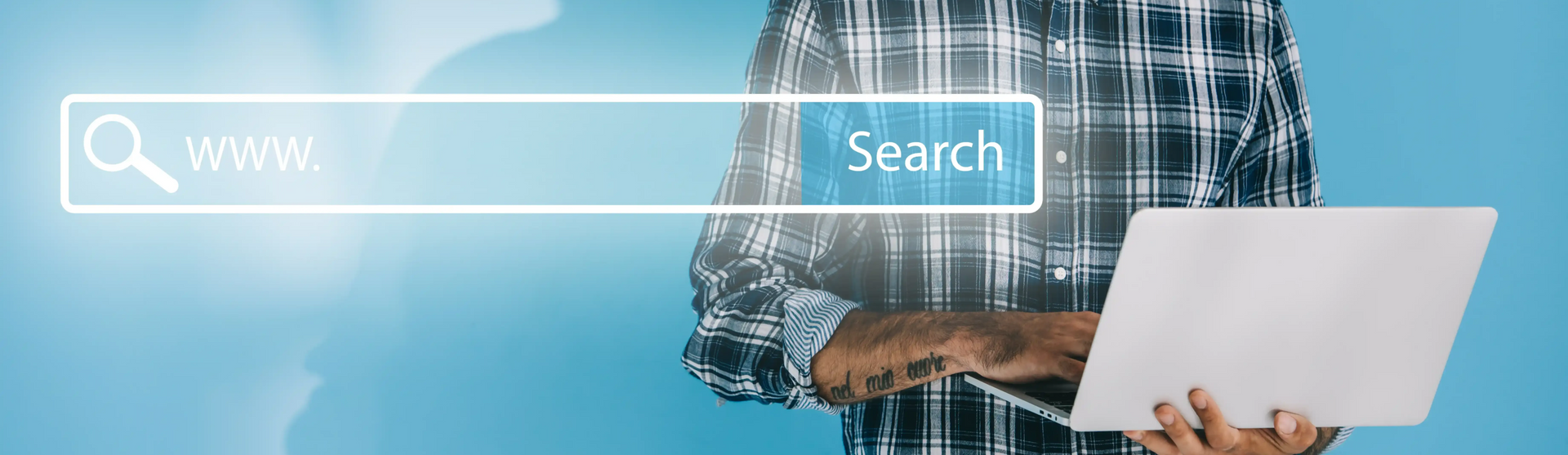 Person using a laptop, with a search bar overlay signaling benefits for small business local SEO.