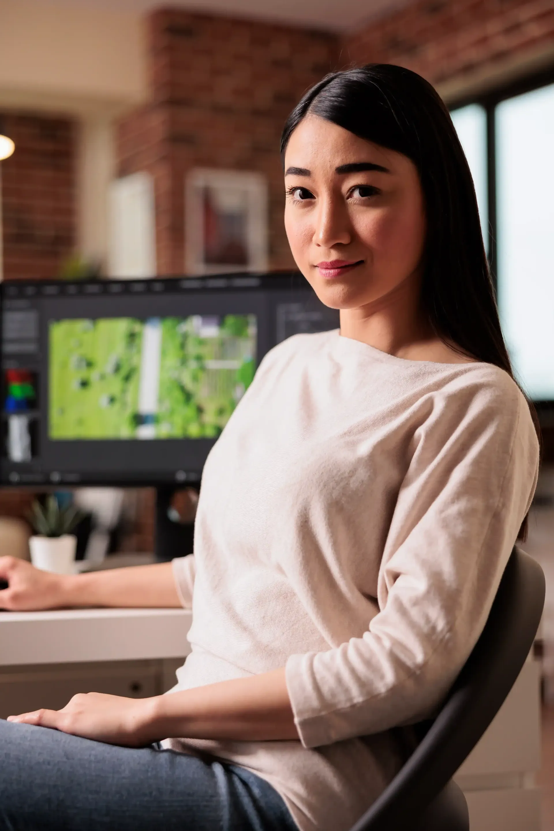 A woman is sitting at a desk in front of a computer.