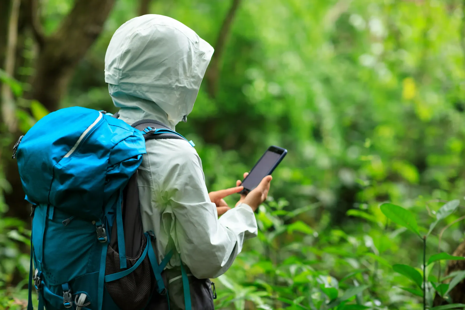 A person with a backpack is using a cell phone in the woods.