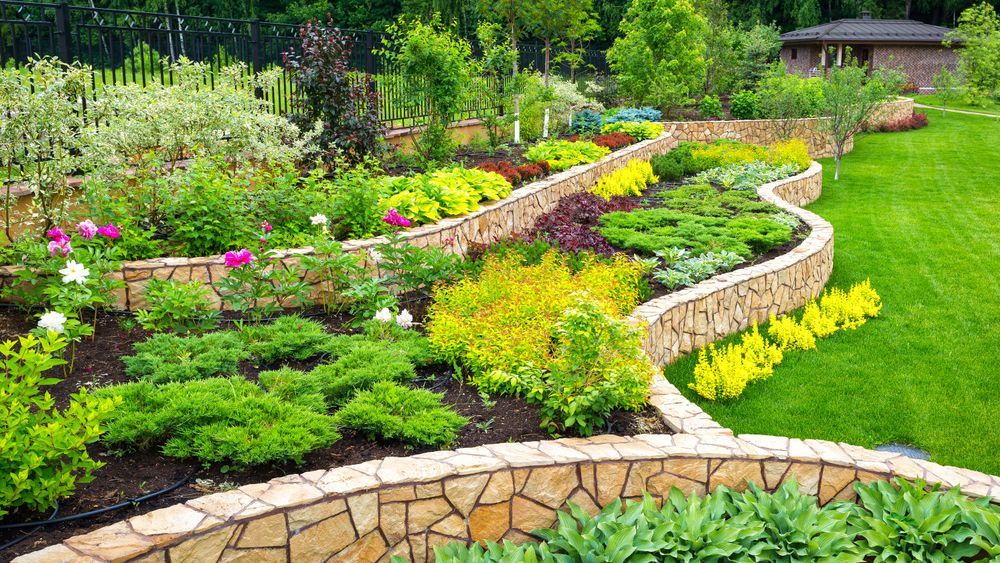 A garden filled with lots of plants and flowers and a stone wall.