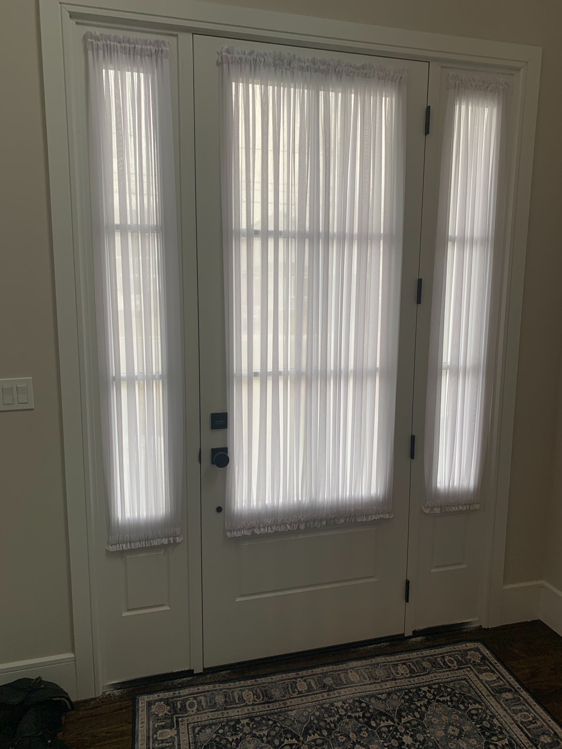 White front door with sheer curtains, flanked by sidelights. A rug is on the floor.