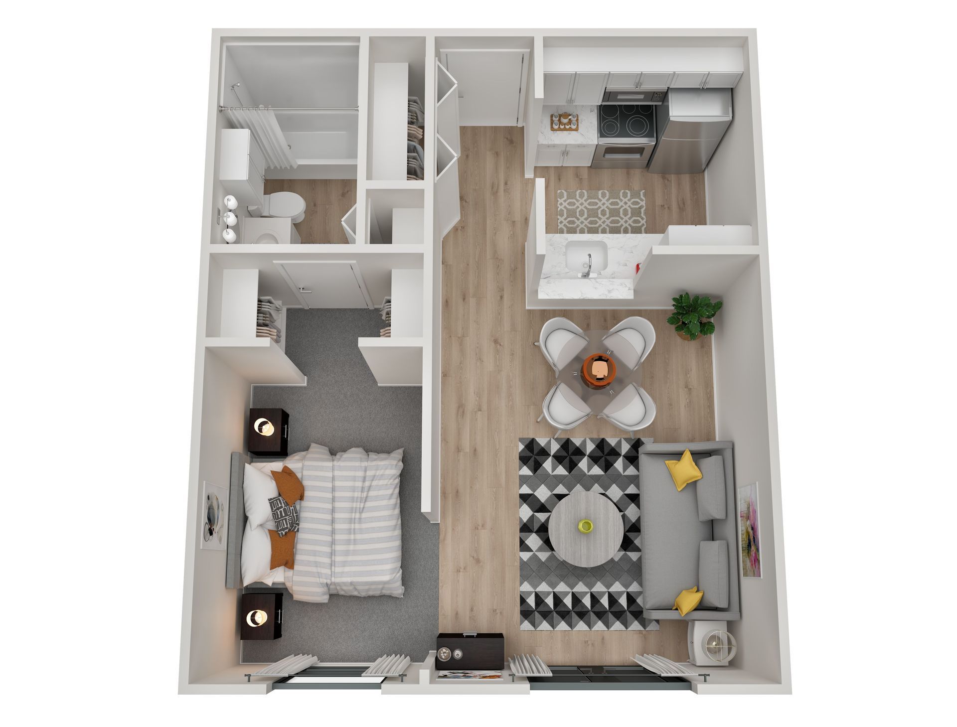 A 3d floor plan of a small apartment with a bedroom , living room , and kitchen.