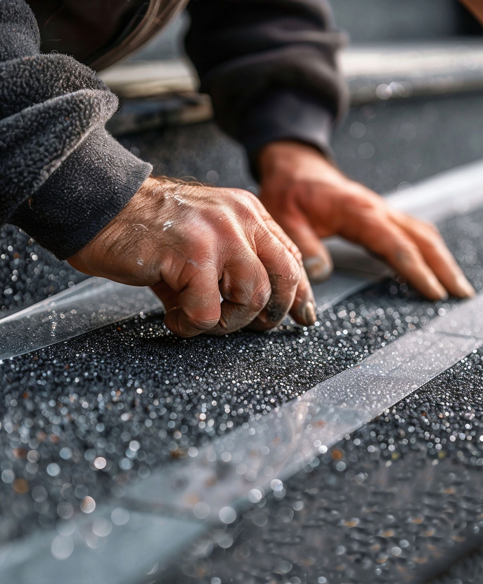 Manos de un trabajador colocando gránulos, primer plano. Asfalto gris con líneas blancas.
