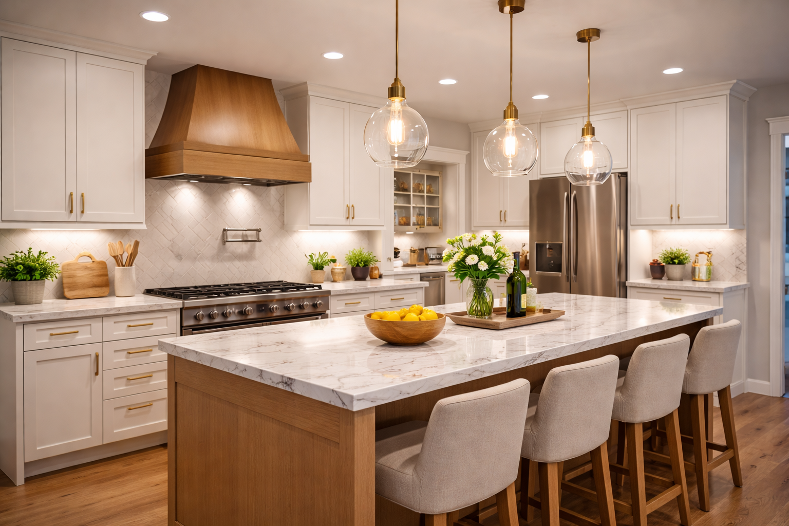 A modern kitchen with a large island, white cabinets, a wood range hood, and three pendant lights over a marble countertop.