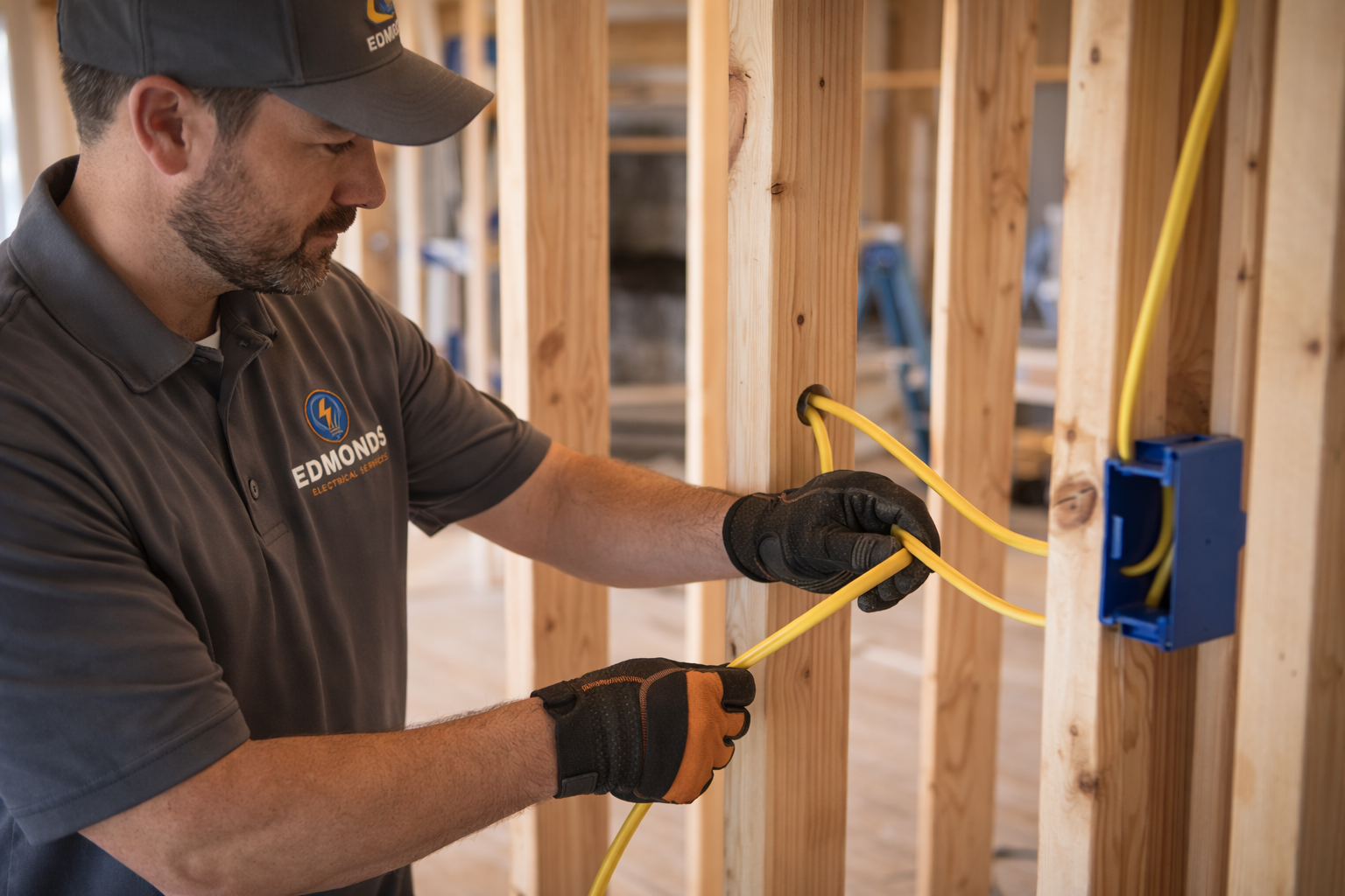 A worker in a gray uniform and gloves installs yellow electrical wiring into a blue junction box on a wooden frame wall.