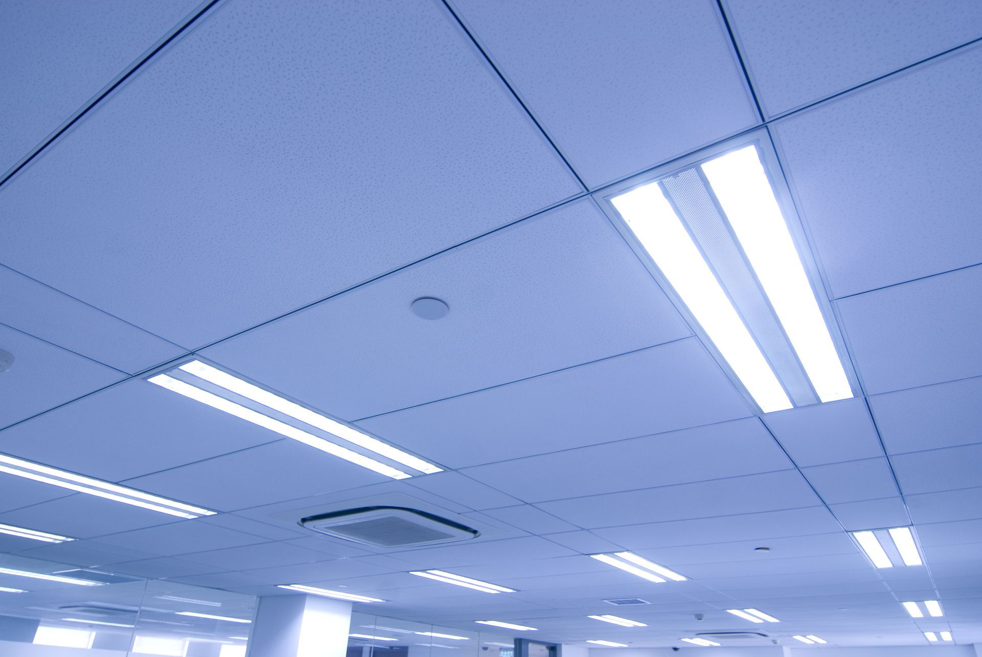 The ceiling of an office building with square white acoustic tiles, recessed grid lighting, and a small HVAC vent.