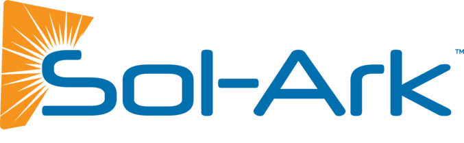 A blue and orange logo for sol-ark with a sun in the background.