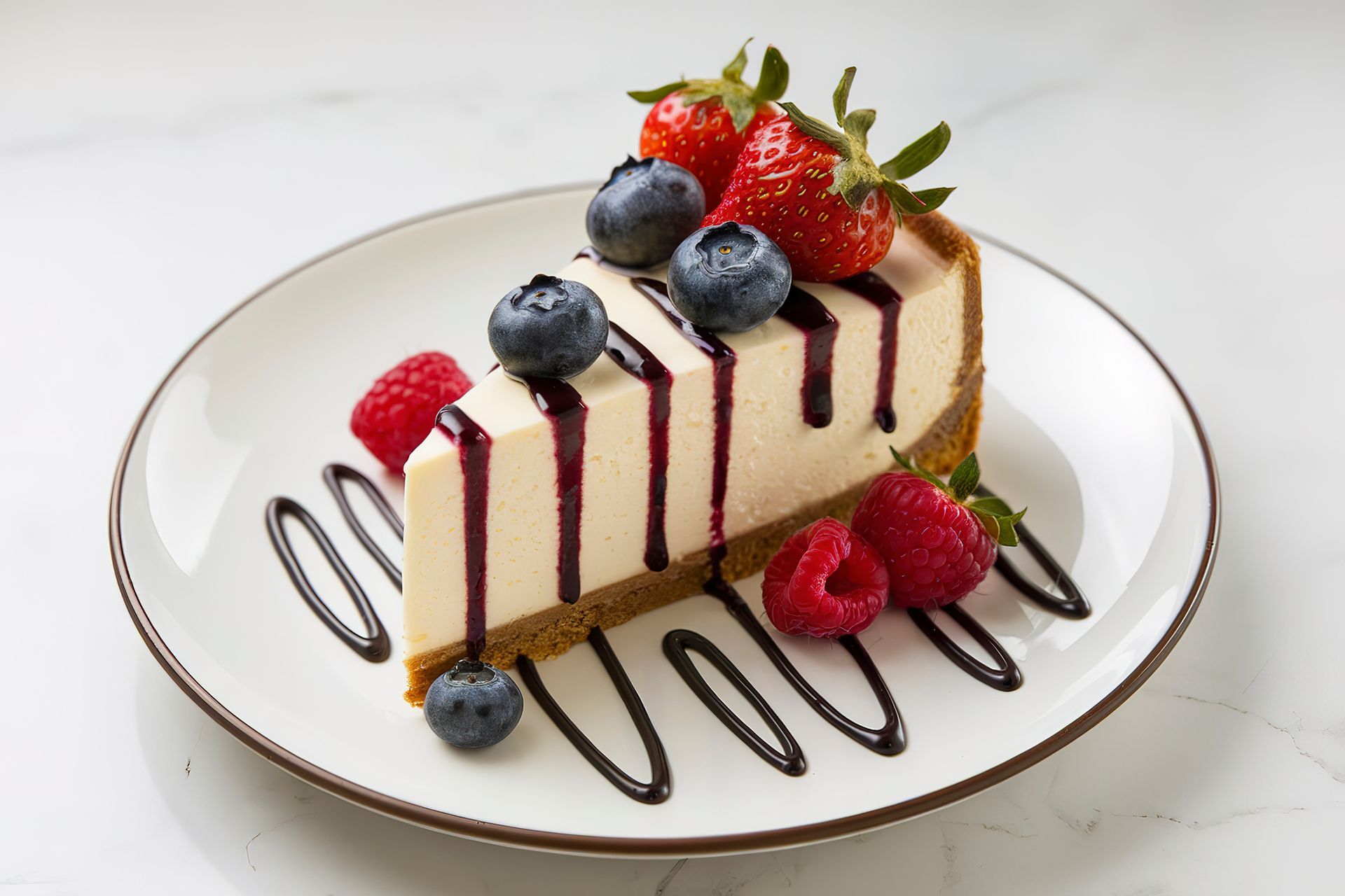 Una fetta di cheesecake con fragole, mirtilli e salsa al cioccolato su un piatto bianco.