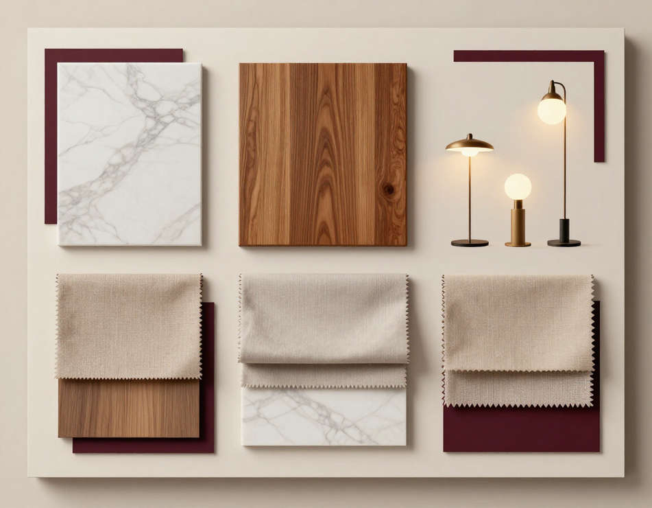 Muestra de materiales y acabados para un proyecto de interiorismo