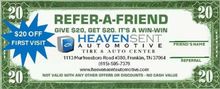 Refer-a-friend coupon for HeavenSent Automotive in Franklin, TN, offering $20 off a first visit. | Heaven Sent Automotive